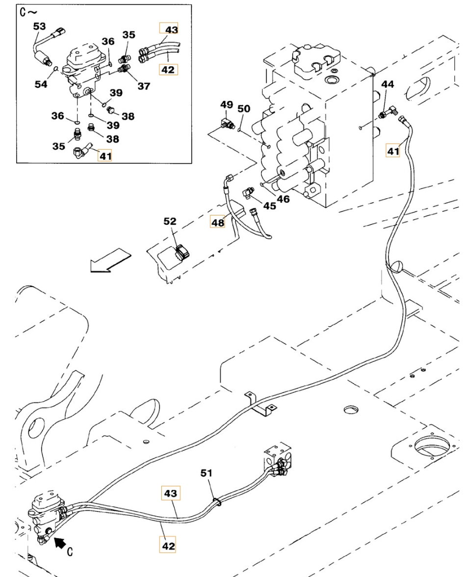 Case CX210B installation diagram showing hydraulic hose KHJ2050 at Pipe No. 42