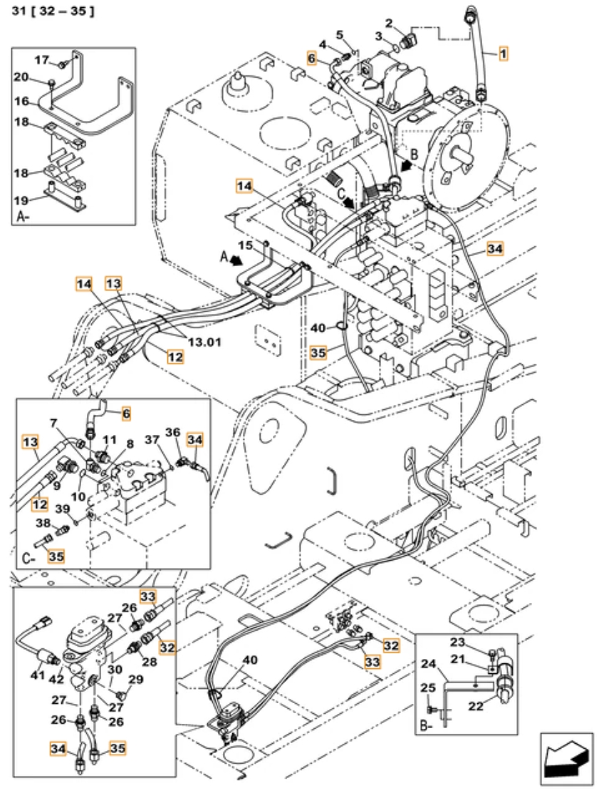 Case CX380C LC installation diagram showing hydraulic hose KHJ2088 at Pipe No. 33