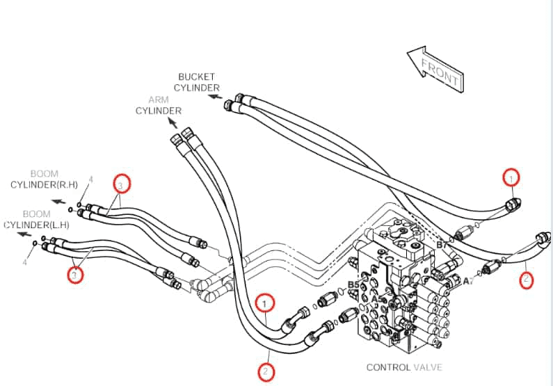Doosan DX160LC installation diagram showing hydraulic hose DS2011605 at Pipe No. 3