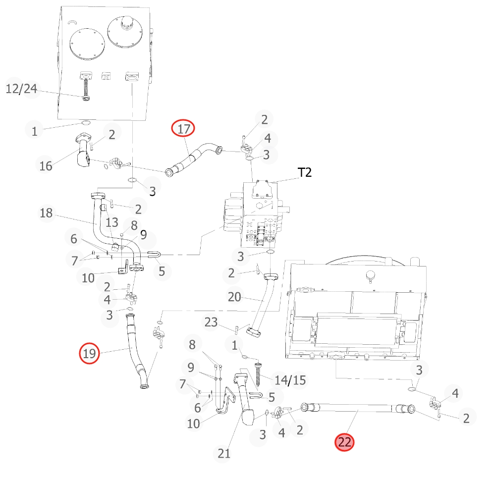 Sunward SWE215F-5 installation diagram showing hydraulic hose 73050200A963 at Pipe No. 19
