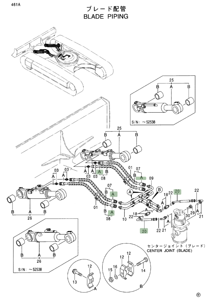 Hitachi EX120-5 installation diagram showing hydraulic hose 4366088 at Pipe No. 7A