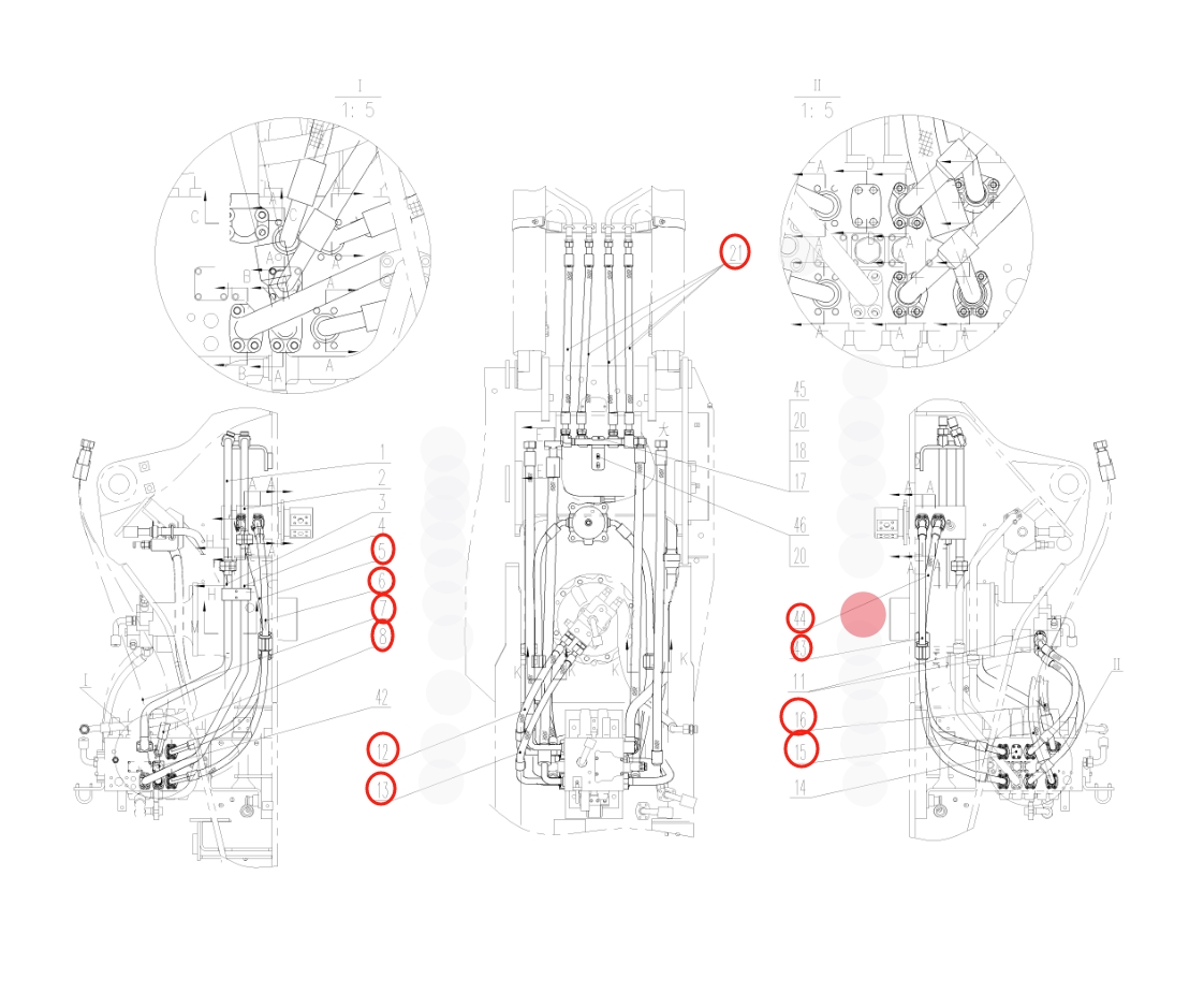 Sunward SWE210 installation diagram showing hydraulic hose 730501006991 at Pipe No. 21