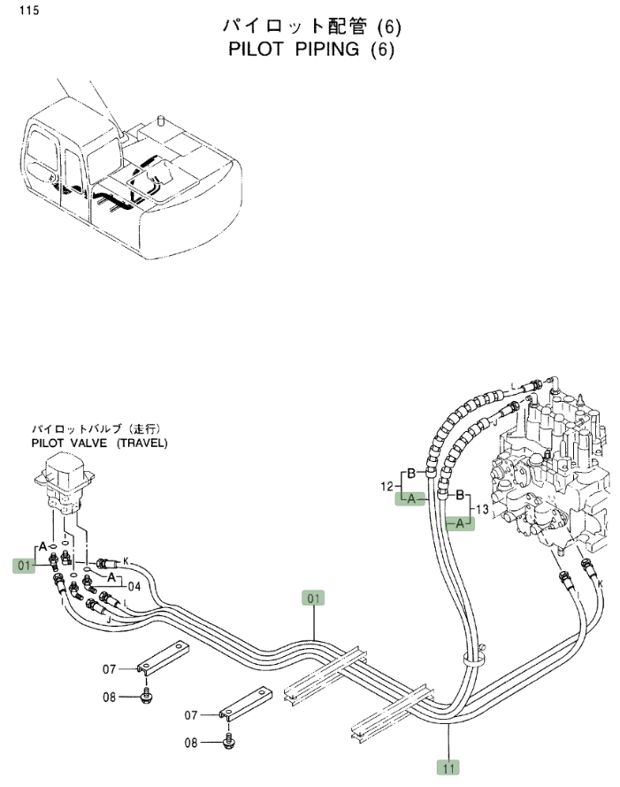 Hitachi EX160LC-5 installation diagram showing hydraulic hose 9159057 at Pipe No. 12