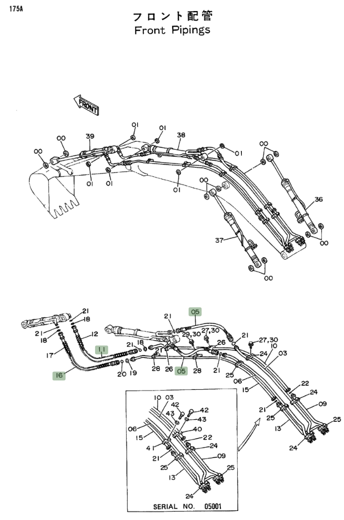 Hitachi EX270LC installation diagram showing hydraulic hose 4219319 at Pipe No. 5
