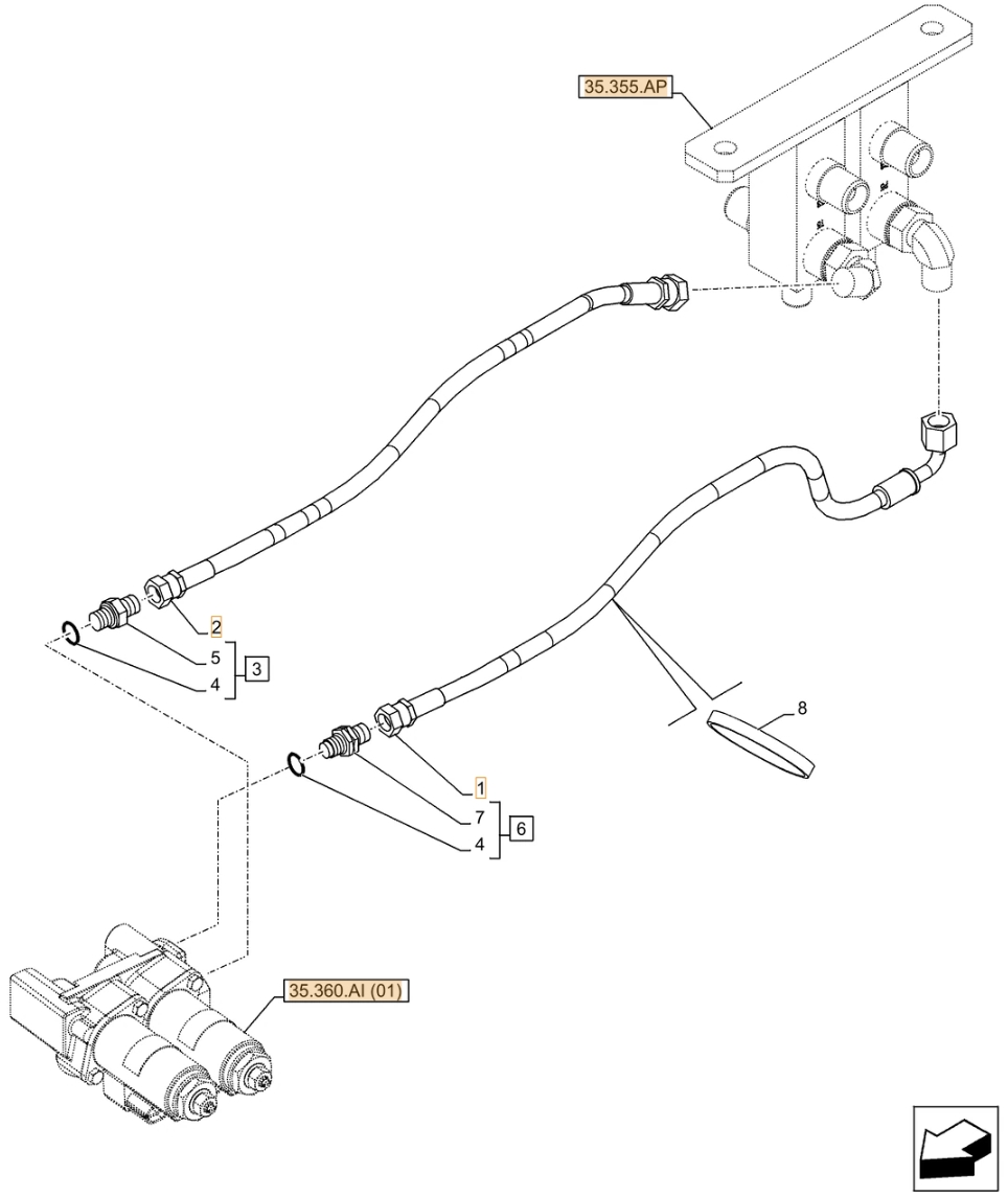 Case CX500D LC installation diagram showing hydraulic hose KHJ2093 at Pipe No. 1