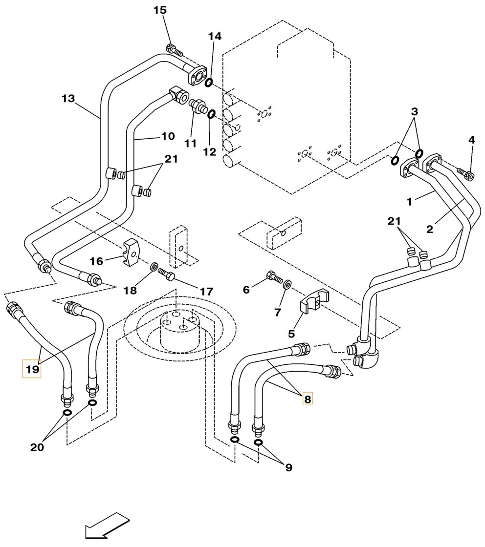 Case CX180 installation diagram showing hydraulic hose 161159A1 at Pipe No. 8