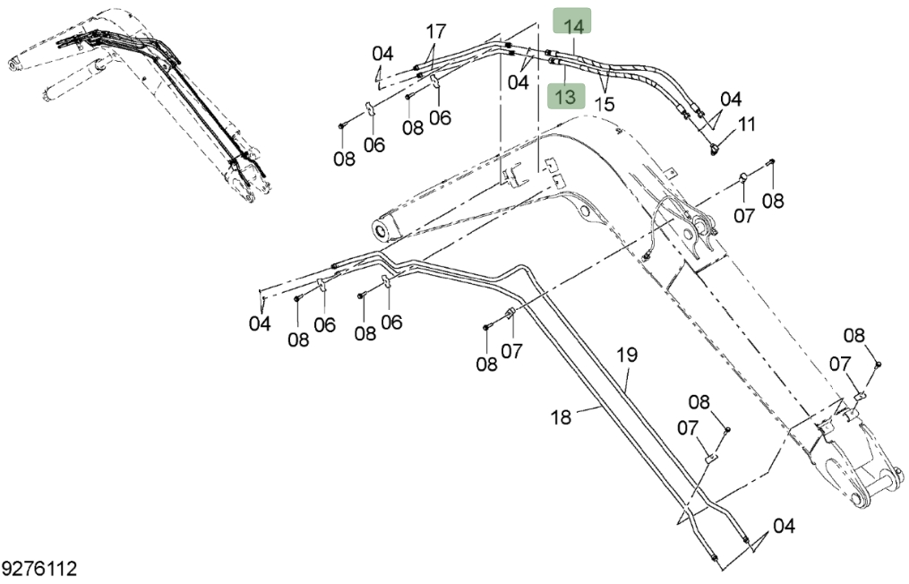 Hitachi ZX75US-3 installation diagram showing hydraulic hose 4452857 at Pipe No. 13