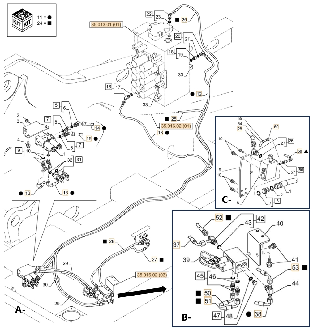 Case CX210C LC installation diagram showing hydraulic hose KHJ16300 at Pipe No. A26-B51