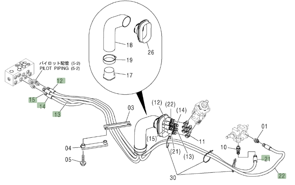 Hitachi ZX370 installation diagram showing hydraulic hose 4438288 at Pipe No. 21