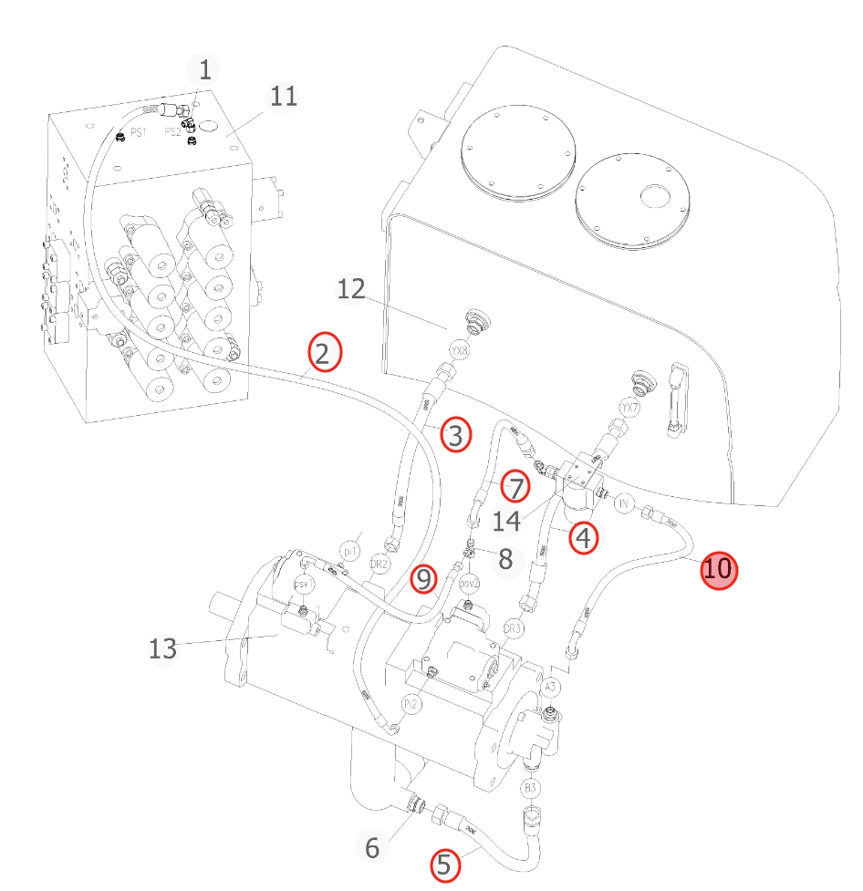 Sunward SWE500ES installation diagram showing hydraulic hose 730501004419 at Pipe No. 7
