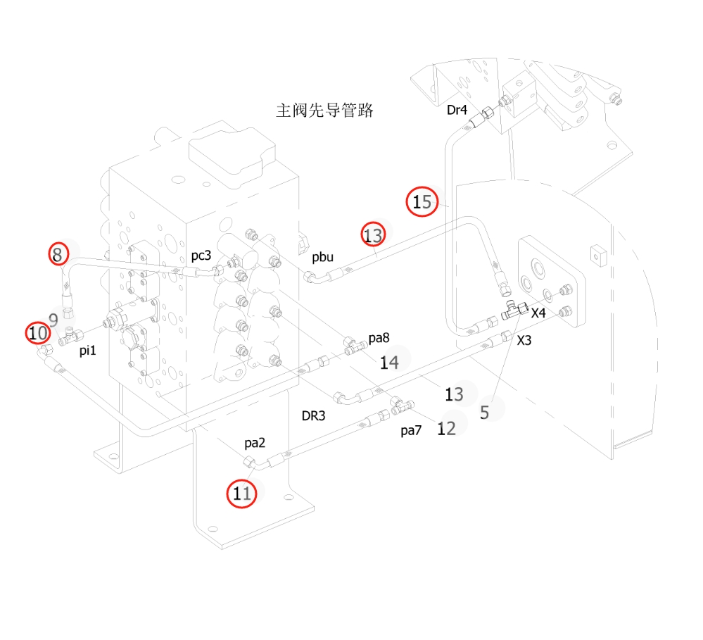 Sunward SWE215E installation diagram showing hydraulic hose 730501001078 at Pipe No. 15