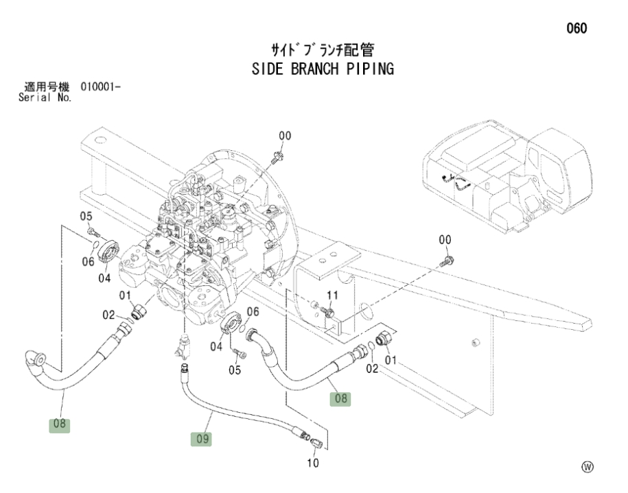 Hitachi ZX240 installation diagram showing hydraulic hose 4442133 at Pipe No. 9