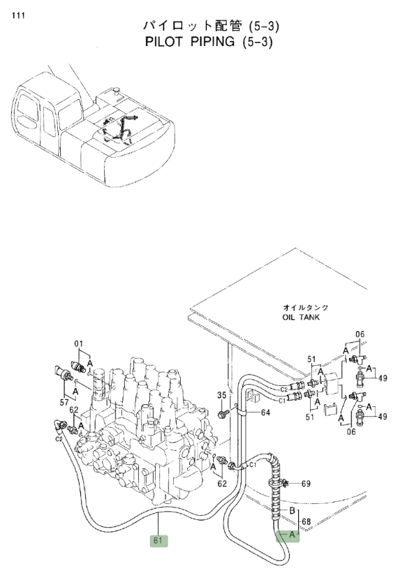 Hitachi EX200LC-5 installation diagram showing hydraulic hose 9153595 at Pipe No. 68