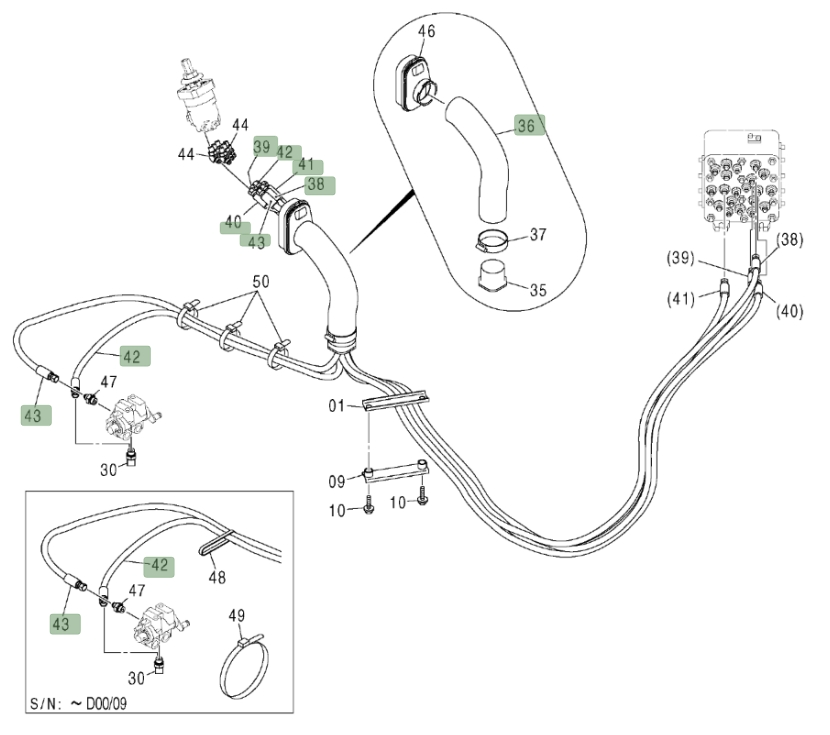 Hitachi ZX200LC installation diagram showing hydraulic hose 4438290 at Pipe No. 43