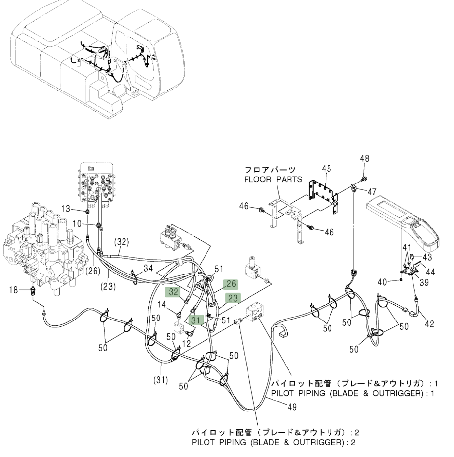 Hitachi ZX210W installation diagram showing hydraulic hose 4616031 at Pipe No. 31