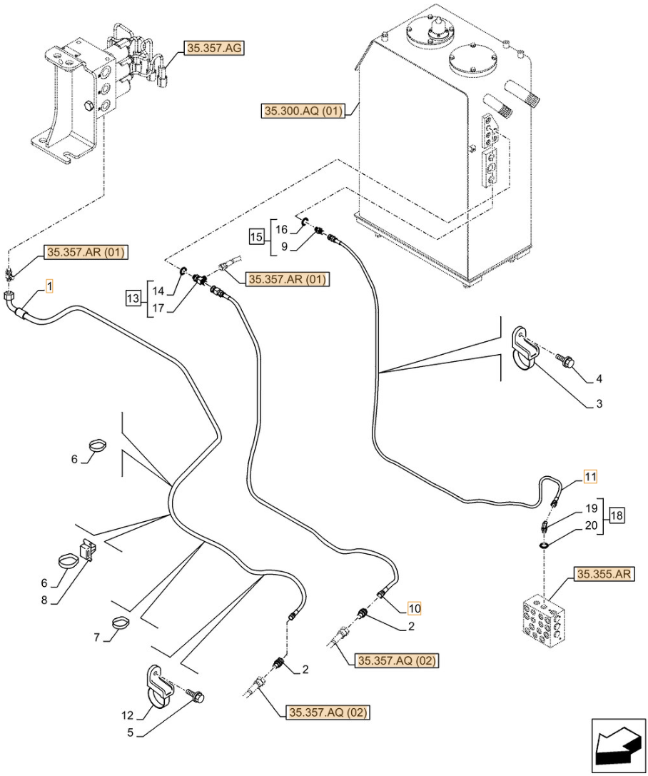 Case CX250D LC installation diagram showing hydraulic hose KHJ2308 at Pipe No. 10
