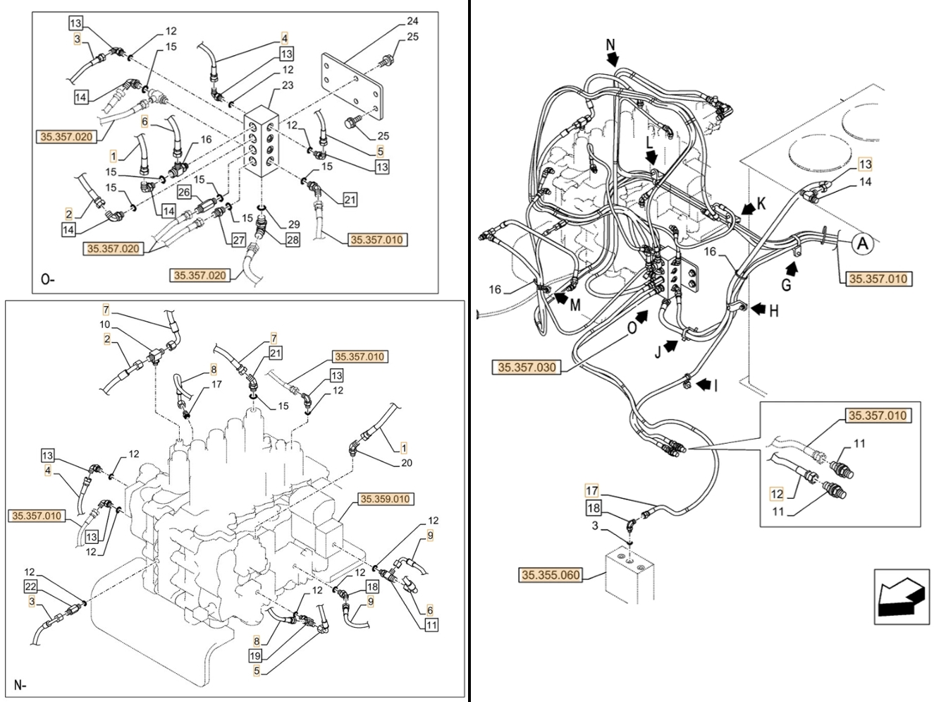 Case CX750D RTC installation diagram showing hydraulic hose KHJ2180 at Pipe No. 9