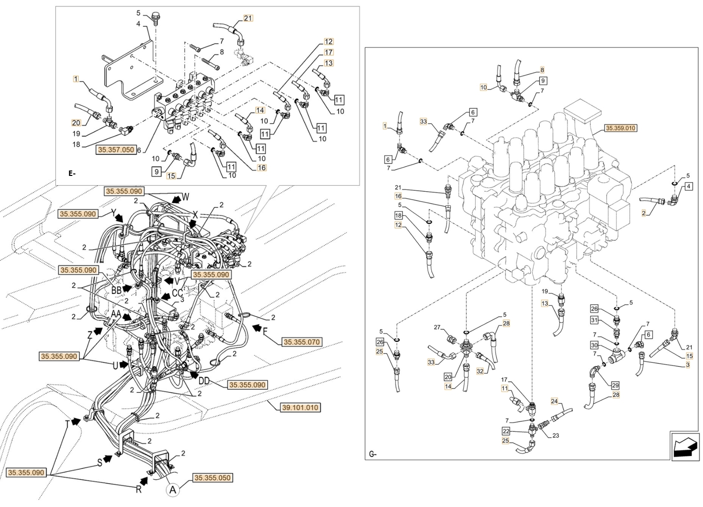 Case CX750D RTC installation diagram showing hydraulic hose KHJ2195 at Pipe No. 33
