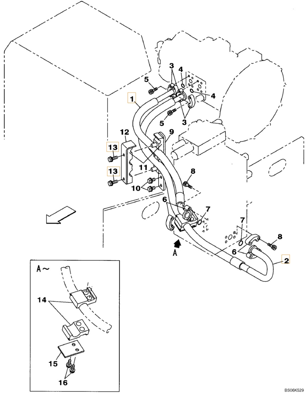 Case CX240B installation diagram showing hydraulic hose KRJ16320 at Pipe No. 1