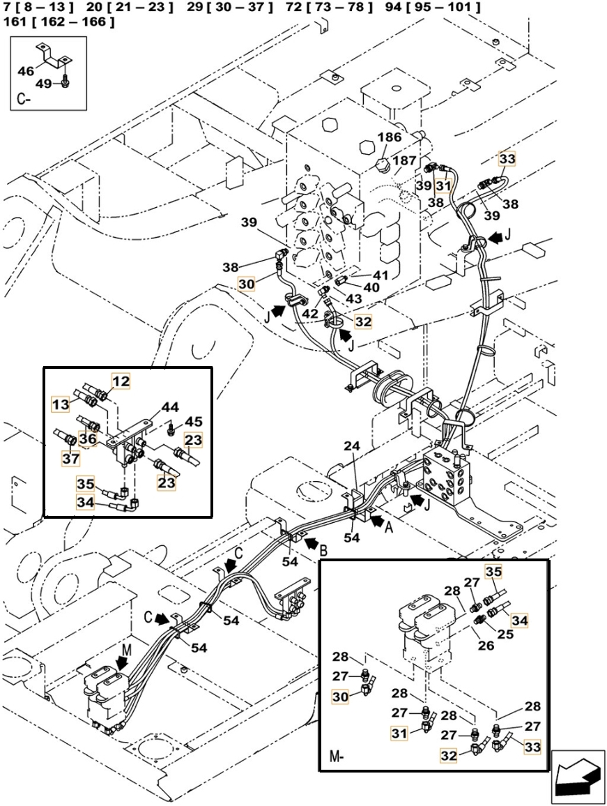 Case CX490C LC installation diagram showing hydraulic hose KHJ12230 at Pipe No. 33