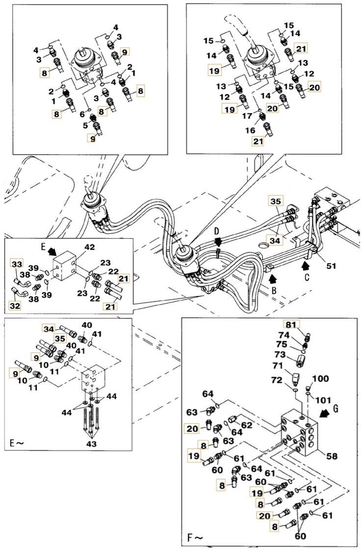 Case CX210B installation diagram showing hydraulic hose 159211A1 at Pipe No. 8