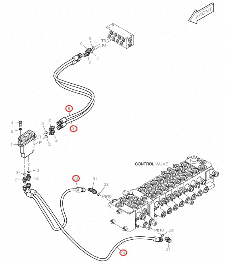 Doosan DX80R installation diagram showing hydraulic hose DS2093249 at Pipe No. 33