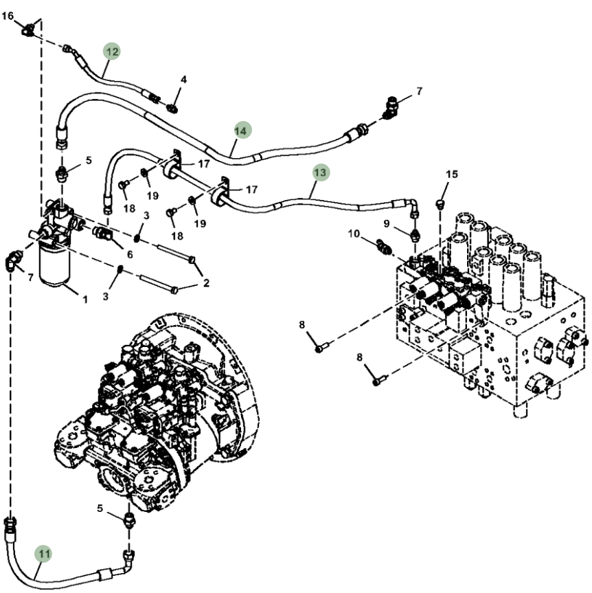 Hitachi ZX160LC-5G installation diagram showing hydraulic hose 4606844 at Pipe No. 14