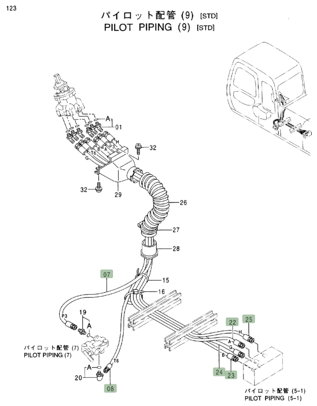 Hitachi EX230LC-5 installation diagram showing hydraulic hose 4351192 at Pipe No. 24