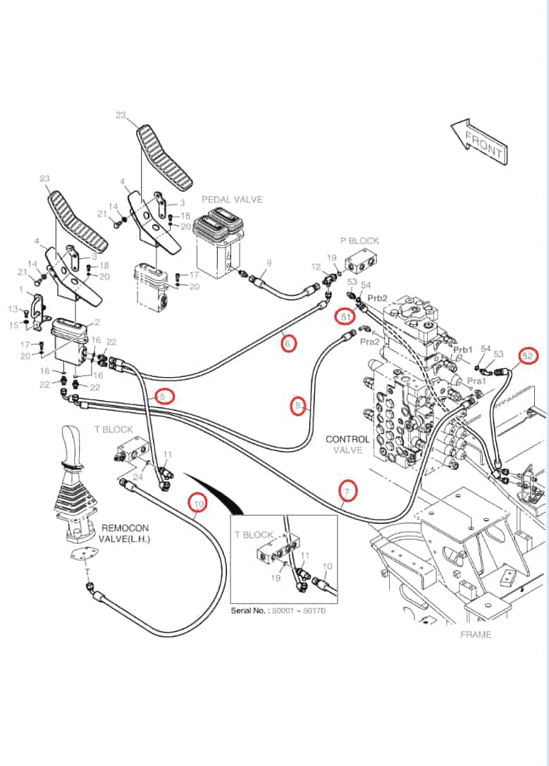 Doosan DX140LC installation diagram showing hydraulic hose DS2093102 at Pipe No. 6