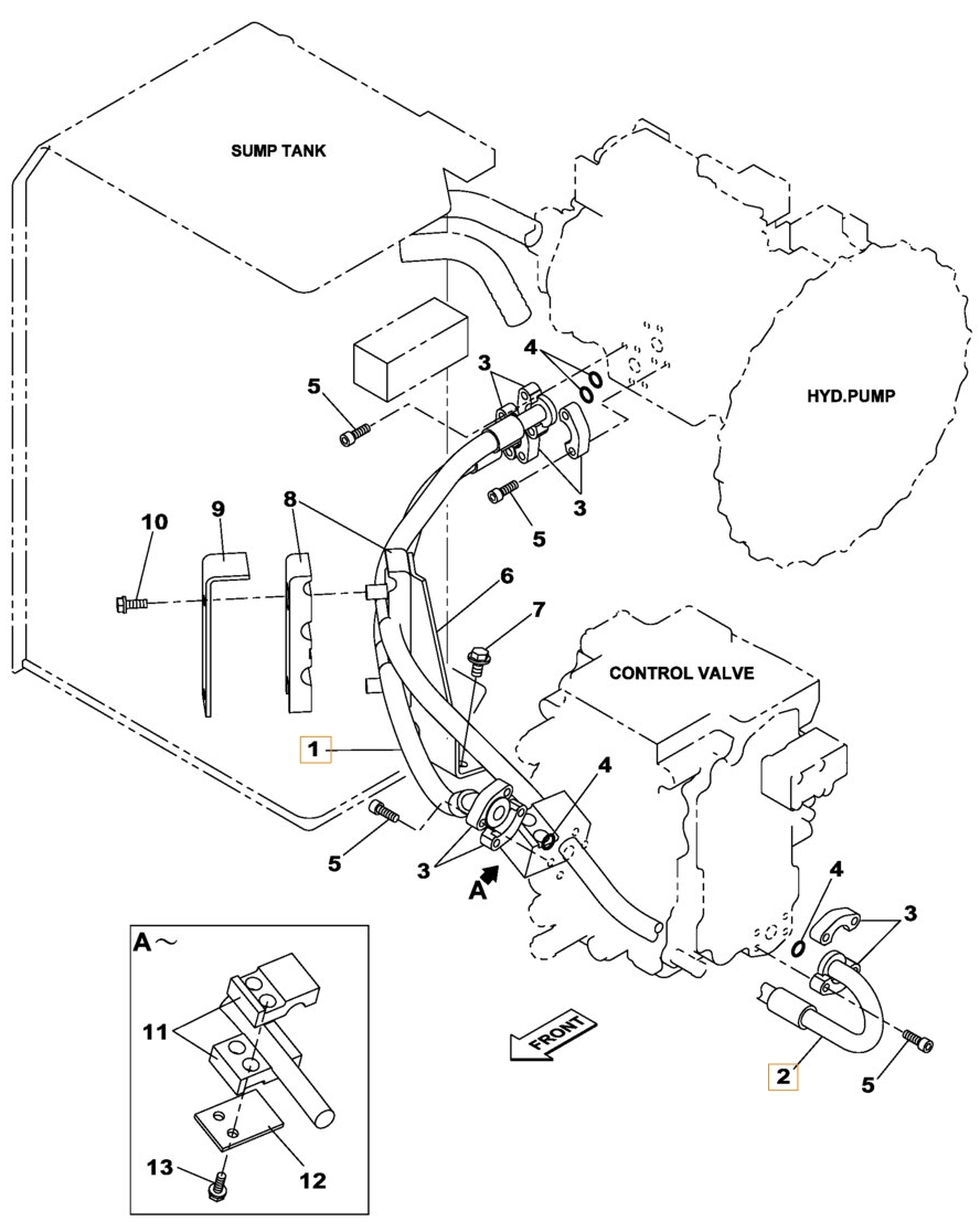 Case CX180B installation diagram showing hydraulic hose KNJ11480 at Pipe No. 1