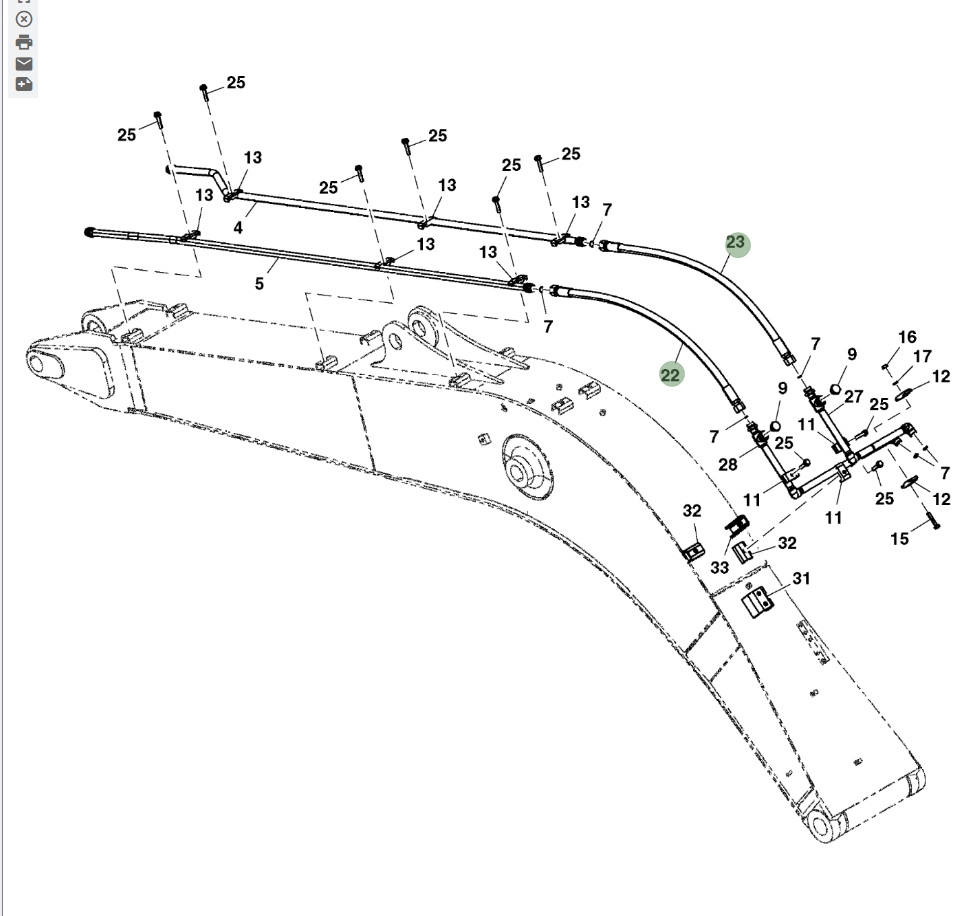 Hitachi ZX135US-5N installation diagram showing hydraulic hose 4649408 at Pipe No. 22