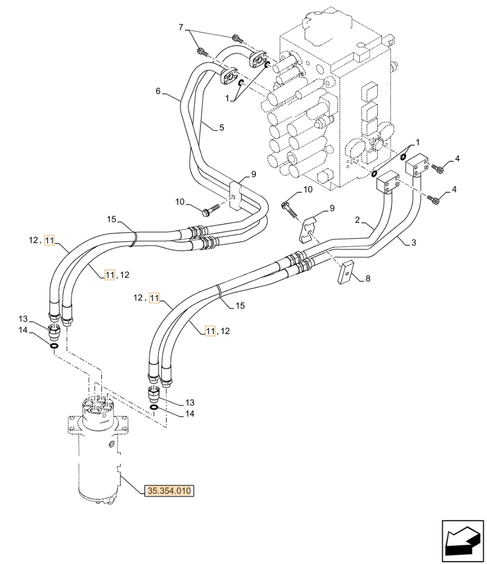 Case CX210D NLC 2PB installation diagram showing hydraulic hose KRJ10710 at Pipe No. 11