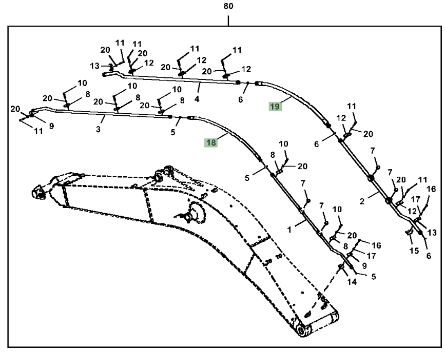 Hitachi ZX350LC-5G installation diagram showing hydraulic hose 4650840 at Pipe No. 19
