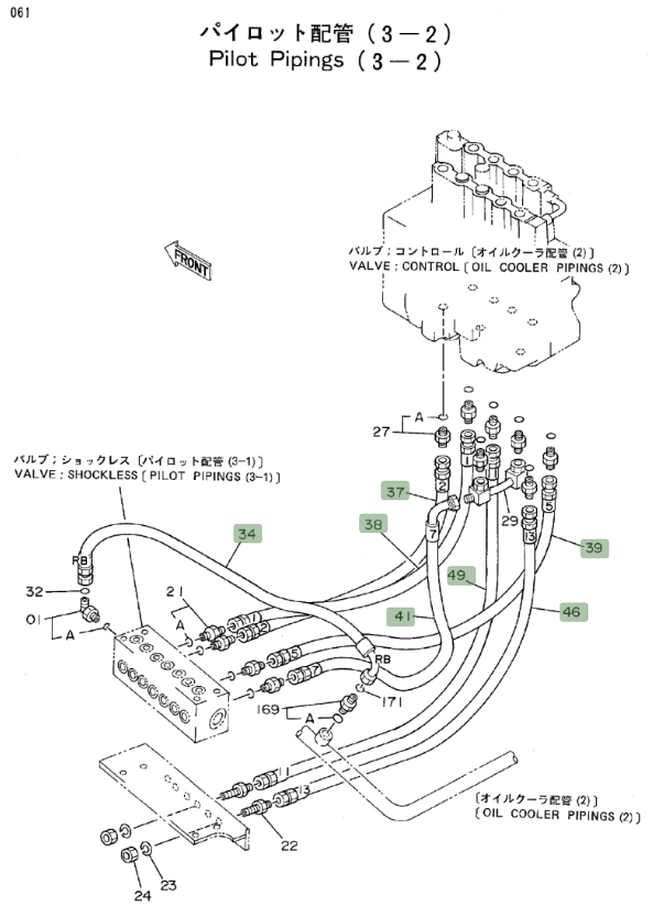Hitachi EX150 installation diagram showing hydraulic hose 4213467 at Pipe No. 49