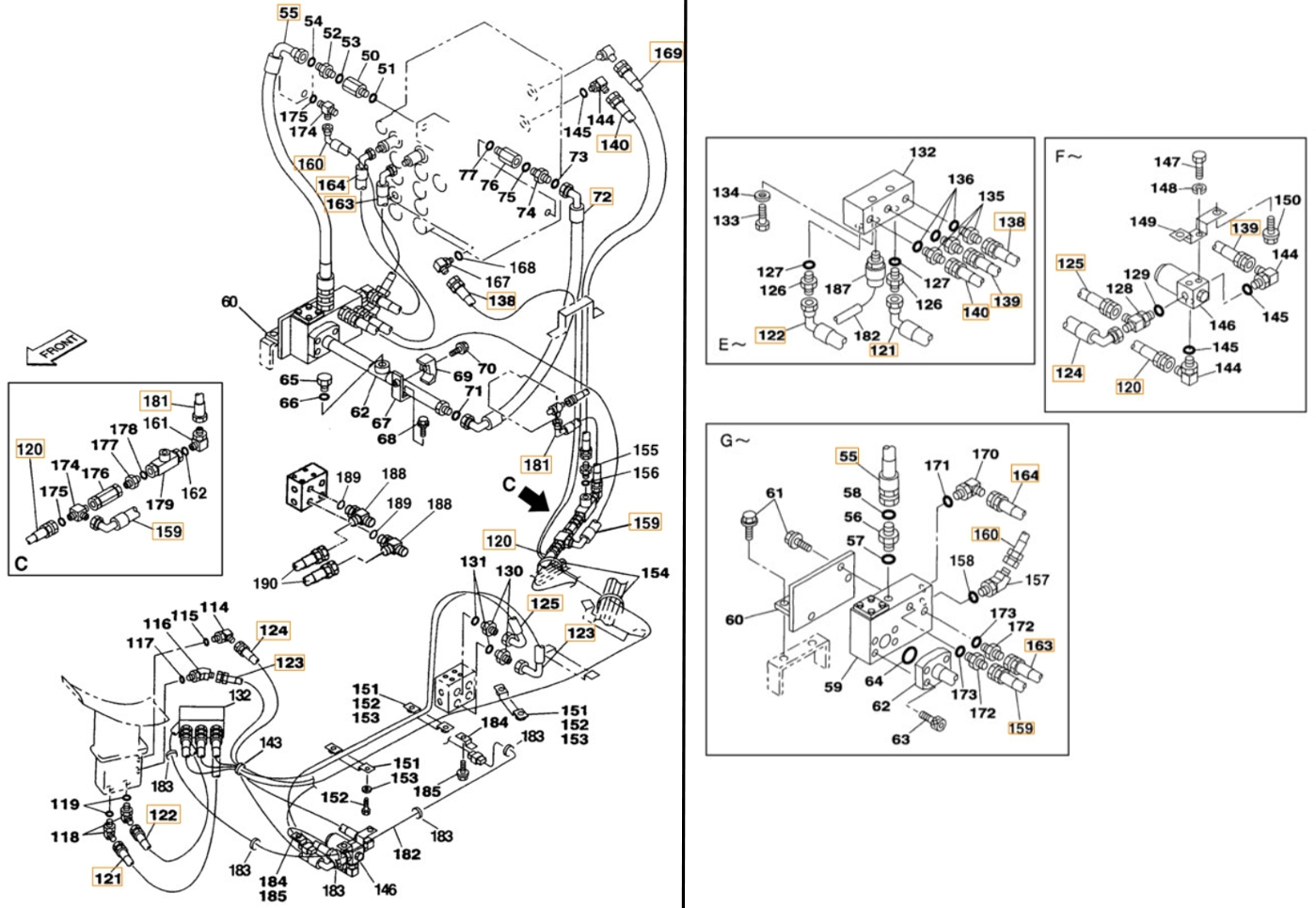Case CX240 installation diagram showing hydraulic hose 159235A1 at Pipe No. 160