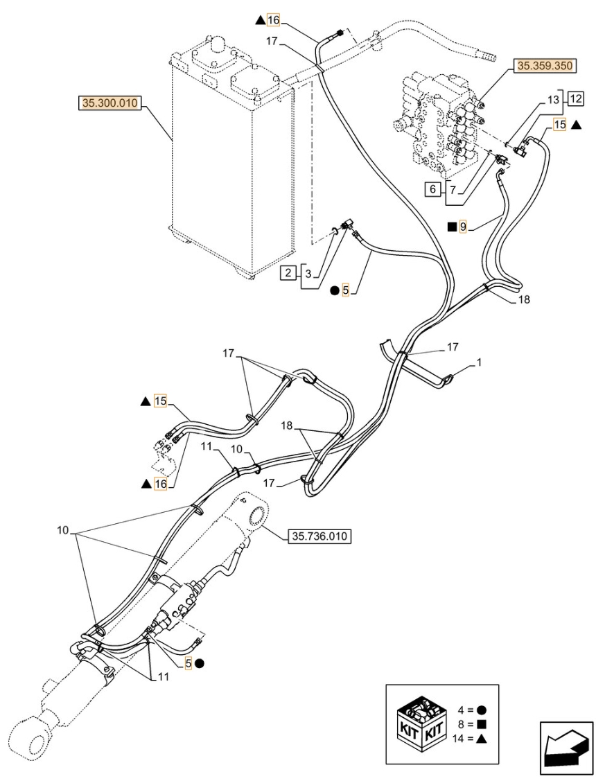 Case CX80C installation diagram showing hydraulic hose KHJ2195 at Pipe No. 5