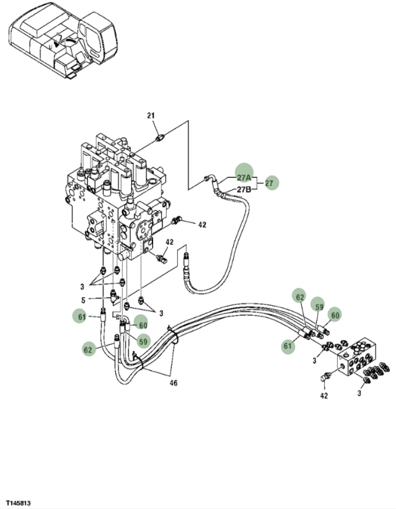 Hitachi ZX350F installation diagram showing hydraulic hose 4456553 at Pipe No. 62