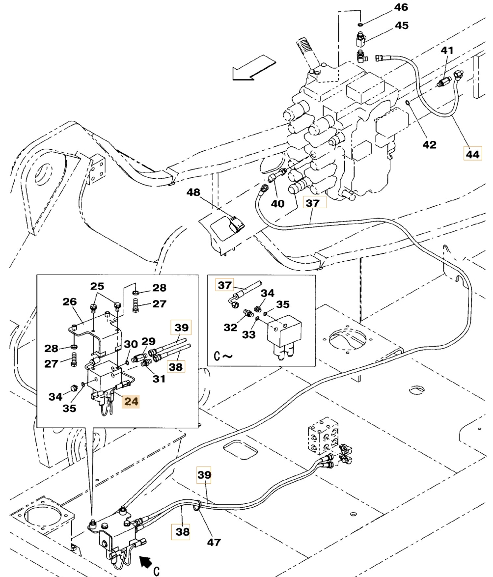Case CX130B installation diagram showing hydraulic hose KHJ2198 at Pipe No. 37
