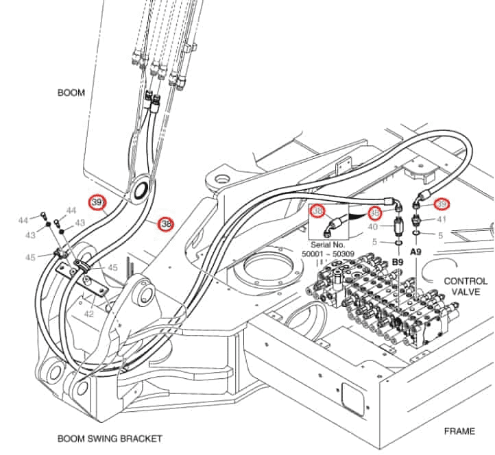 Doosan DX55 installation diagram showing hydraulic hose 2184-1036D311 at Pipe No. 38