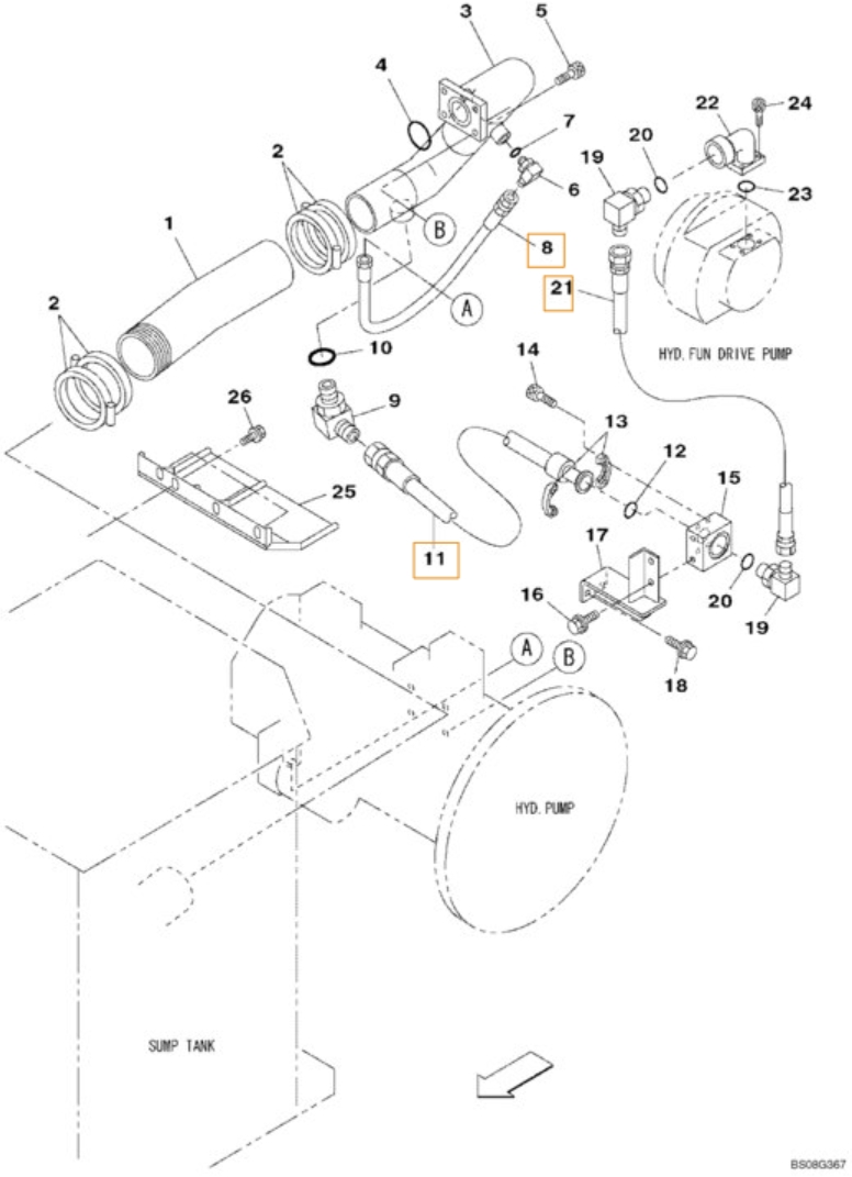 Case CX470B installation diagram showing hydraulic hose KTJ1991 at Pipe No. 8
