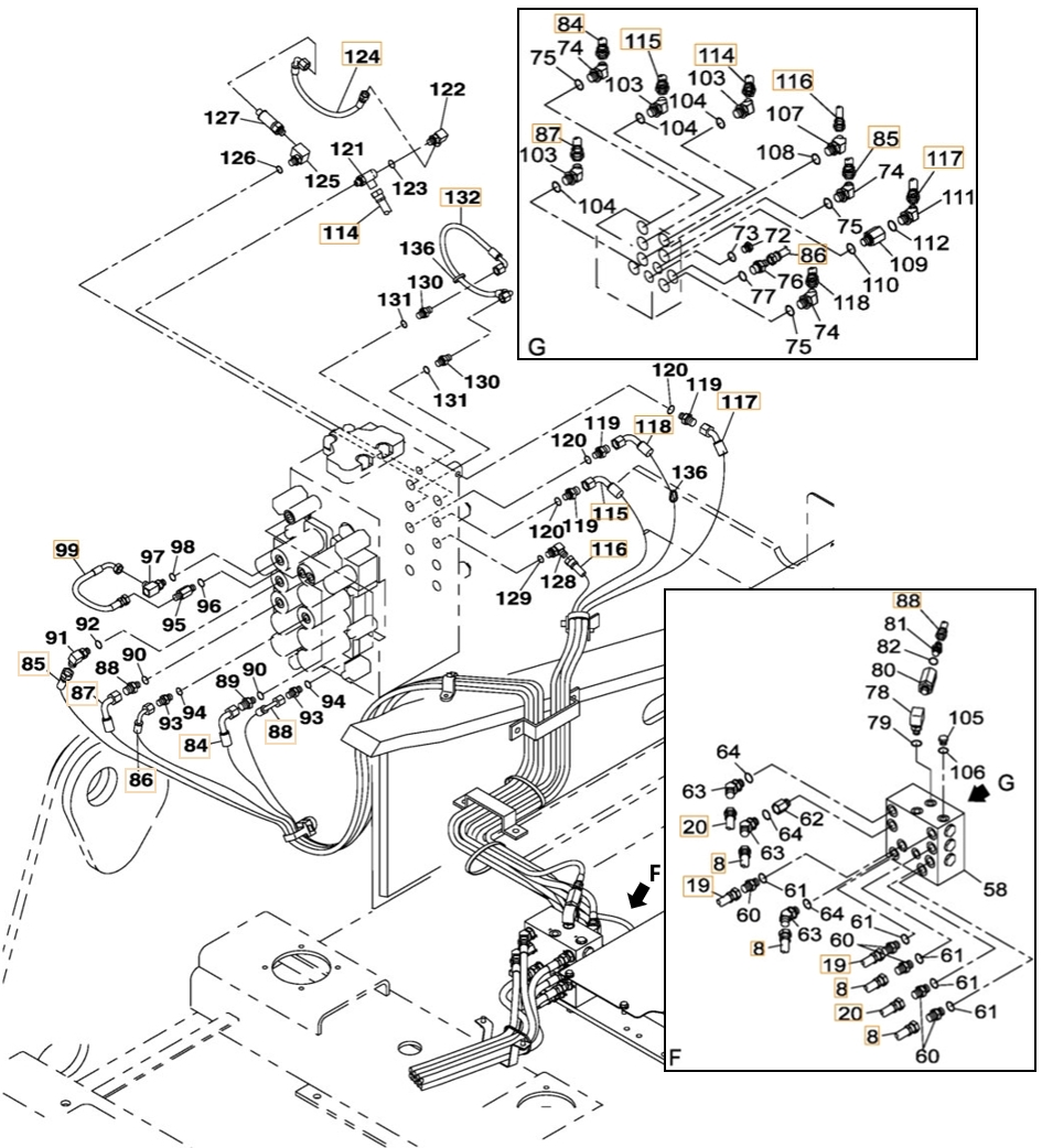 Case CX300B installation diagram showing hydraulic hose KHJ1387 at Pipe No. 99