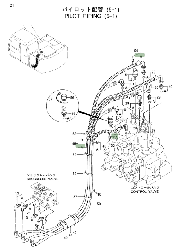 Hitachi EX100M-5 installation diagram showing hydraulic hose 4366268 at Pipe No. 53A