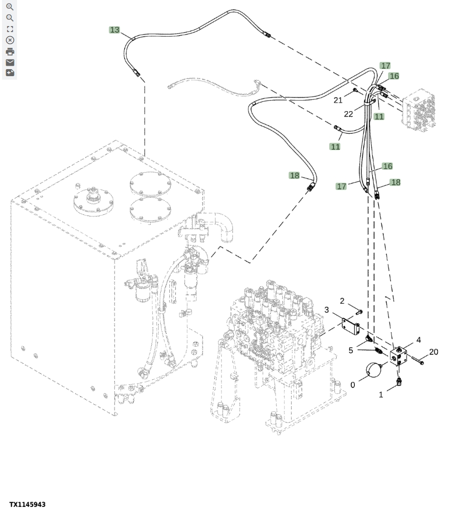 Hitachi ZX870LC-5G installation diagram showing hydraulic hose 4715799 at Pipe No. 13