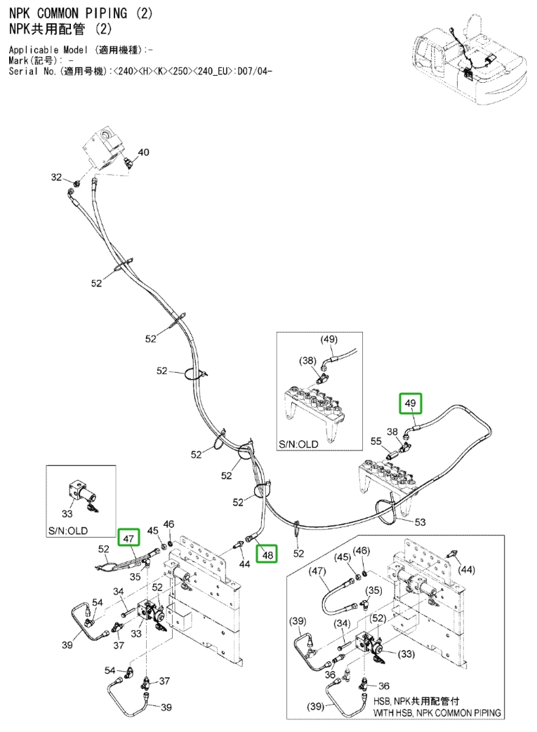 Hitachi ZX240LC-3 installation diagram showing hydraulic hose 4678900 at Pipe No. 47