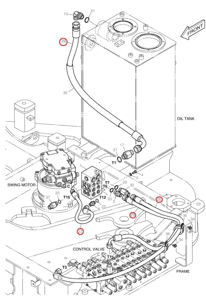 Doosan DX60R installation diagram showing hydraulic hose DS2093300 at Pipe No. 27