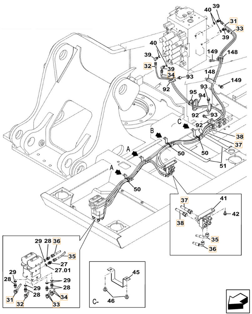 Case CX250C LC installation diagram showing hydraulic hose KHJ2581 at Pipe No. 31