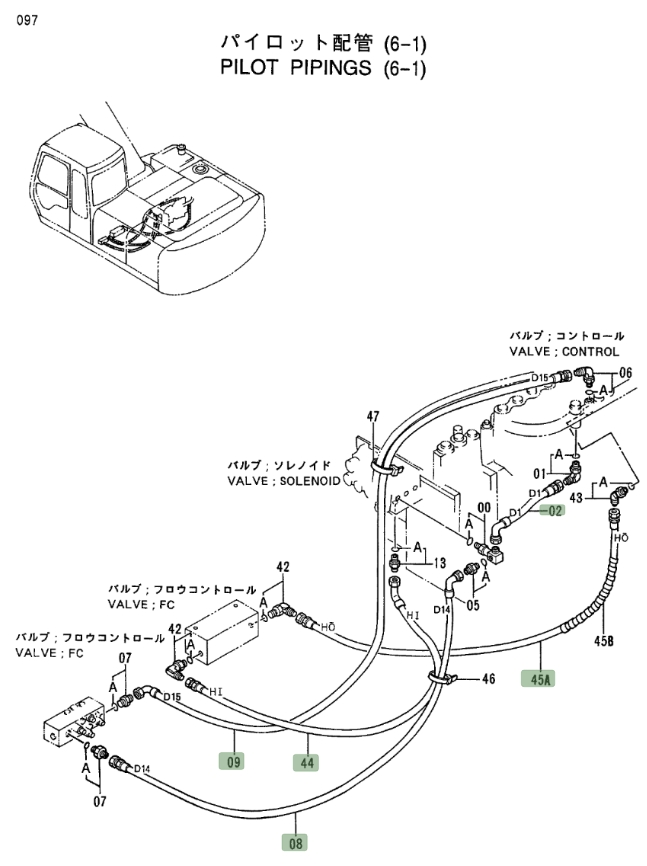 Hitachi EX200LC-3 installation diagram showing hydraulic hose 4304446 at Pipe No. 45A
