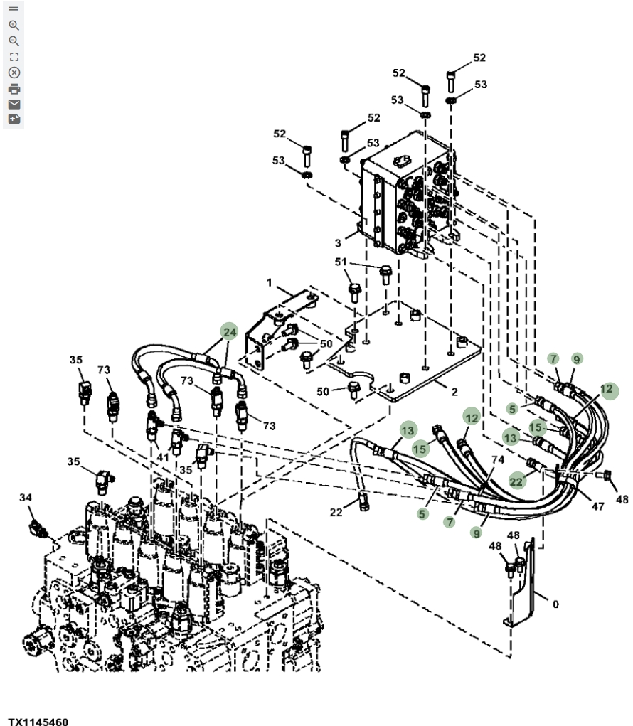Hitachi ZX670LC-5G installation diagram showing hydraulic hose 4436269 at Pipe No. 24