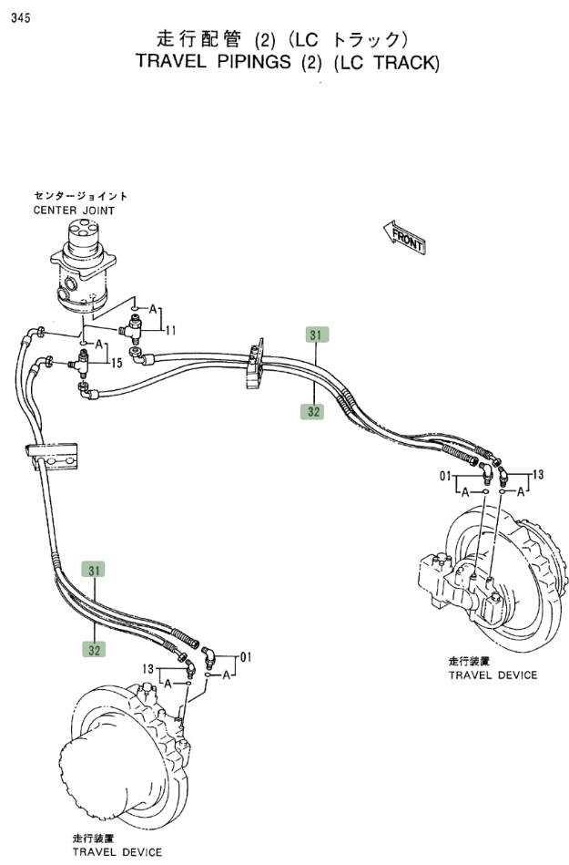 Hitachi EX400LC-3 installation diagram showing hydraulic hose 4295191 at Pipe No. 32