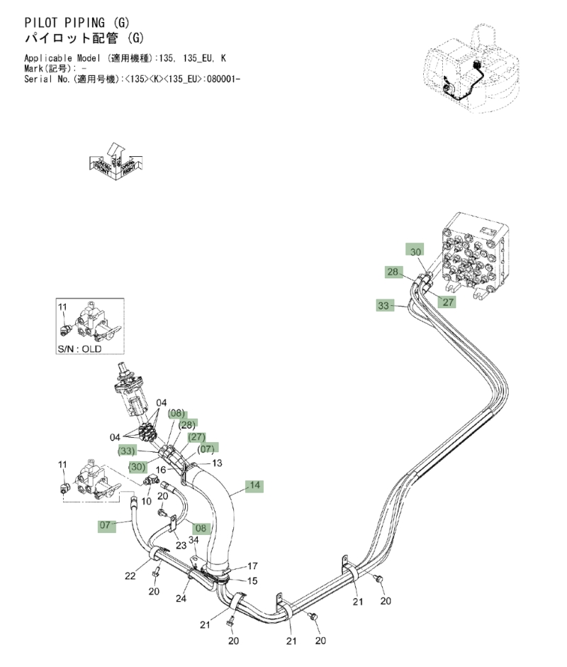 Hitachi ZX135US-3 installation diagram showing hydraulic hose 4655182 at Pipe No. 27